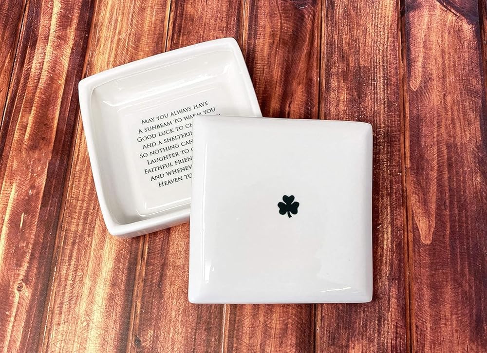 Baptism Gift, First Communion Gift, or Confirmation Gift – Square Ceramic Keepsake Box with Irish Blessing and Shamrock in Green
