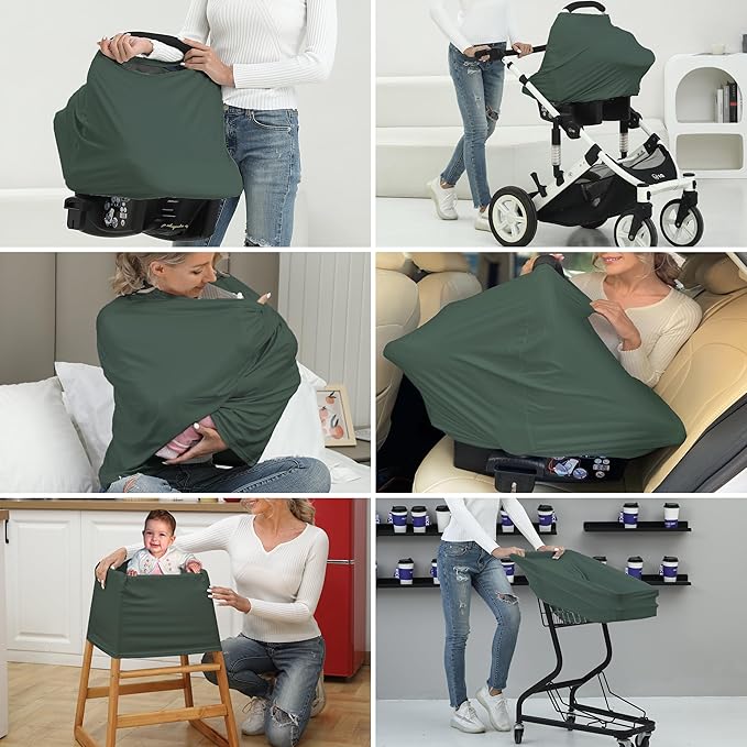 Breathable Car Seat Cover for Babies – Multi-Purpose Soft Rayon Nursing Cover for Breastfeeding, High Stretchy Infant Carseat Canopy, Stroller Cover (Smooth Rayon, Roman Green)