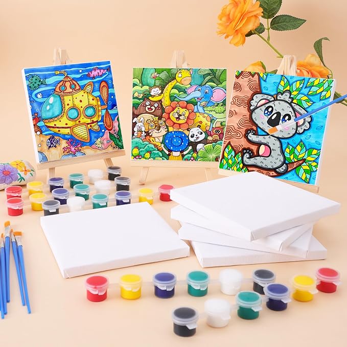 ESRICH 16 Set Mini Acrylic Paint Kit,5in Mini Stretched Canvas with 7.5in Easel,Acrylic Paint Strips,Paint Palettes,Painting Brushes, Small Canvas and Easel Set for Kids Artists Beginner,Gift