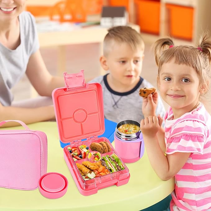 Bento Lunch Box Set With 10oz Soup Thermo, Leak-proof Lunch Containers with 4 Compartment, Kids Hot Thermo Food Jar/Insulation Lunch Bag, Food Containers for School(Solid)