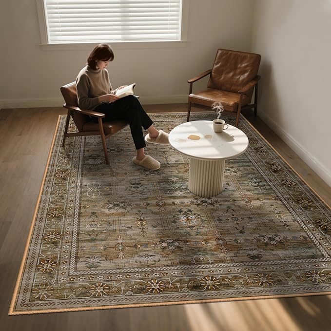 5x7 Washable Area Rug for Living Room Dining Room, Distressed Non Slip Vintage Floral Rugs for Bedroom, Traditional Indoor Floor Carpet for Dining Kitchen Farmhouse Olive/Charcoal