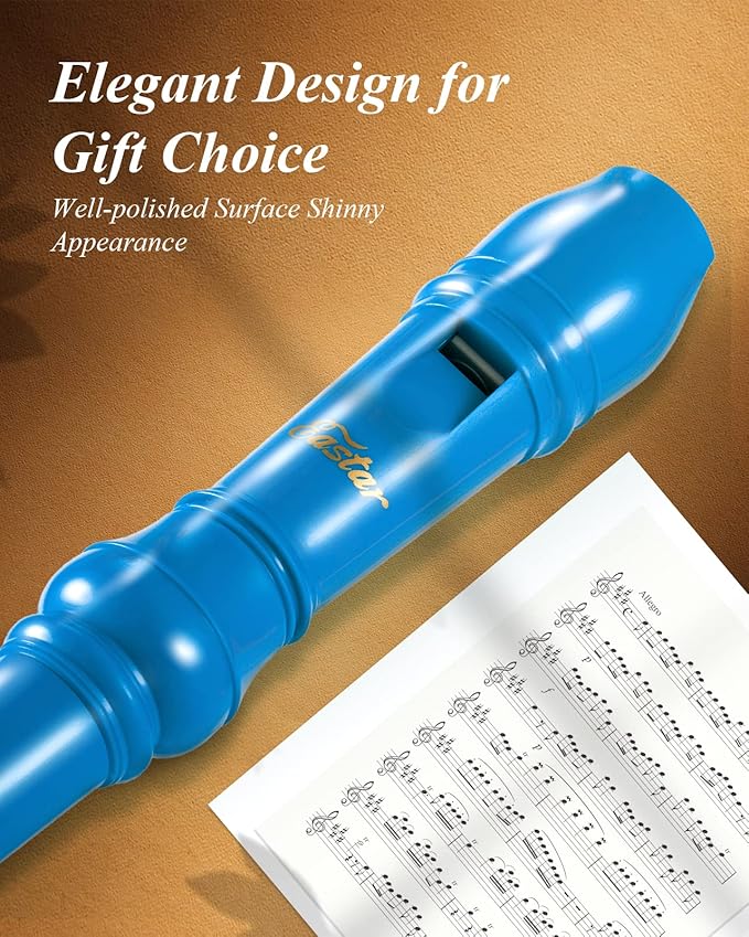 Eastar Soprano Recorder Instrument for Kids Beginners, German Fingering C Key with Cleaning Kit, Thumb Rest, Cotton Bag, Fingering Chart, ERS-21GB, Blue, School-Approved