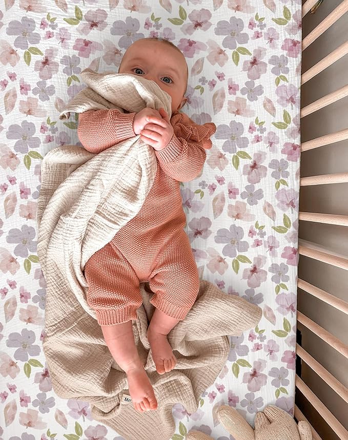 Bassinet Sheet for Baby Boy and Girl 2 Pack, Fitted Sheets for Rectangle, Oval, Hourglass Bassinet Mattress, Muslin Moses Basket Sheets with Neutral Style (Purple Petals & White)