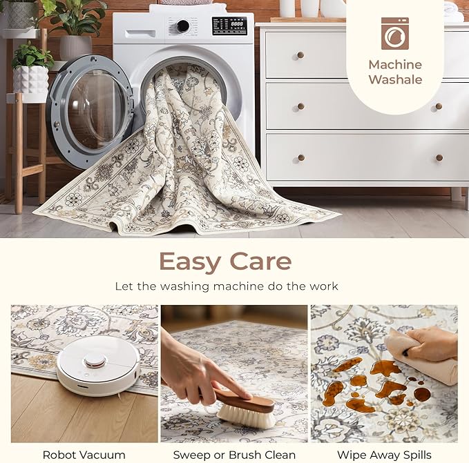 9x12 Neutral Area Rug for Living Room, Washable Large Rugs, Vintage Floral Soft Carpet, Non Slip & Low Pile, Wool Carpets for Indoor Bedroom Dining Home Playroom Office Under Table, Beige