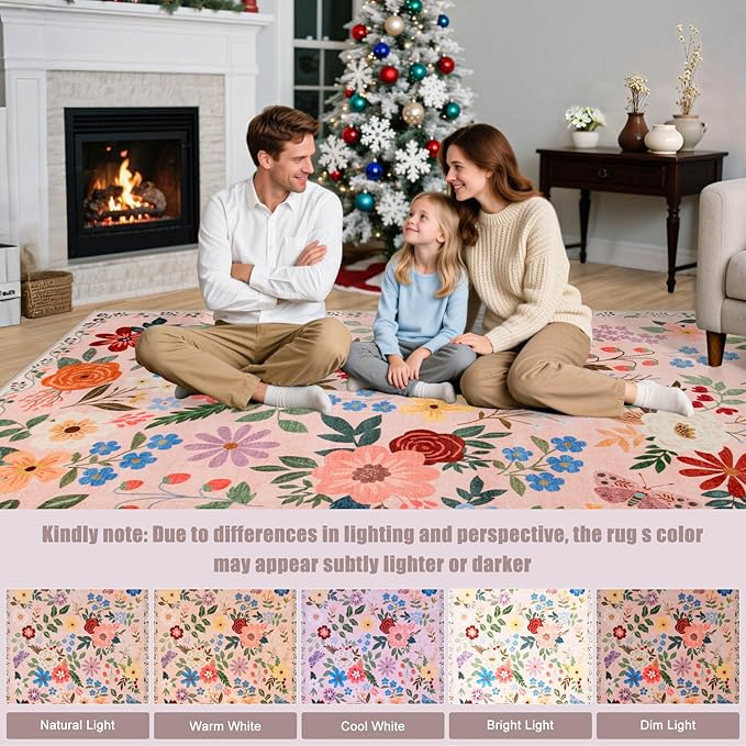 8x10 Area Rugs for Living Room: Floral Washable Rug Vintage Large Soft Boho Non-Slip Carpet Indoor Floor Stain Resistant Carpets for Bedroom Dining Room Farmhouse Nursery Home Office Beige