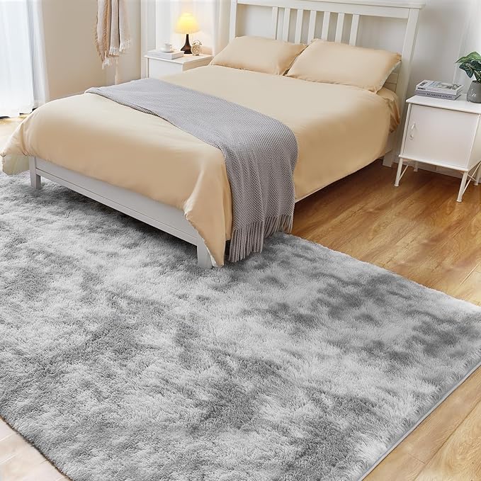 Fluffy Shag Area Rug, 4x6 Tie-Dyed Light Grey Rugs for Bedroom, Soft Plush Area Rugs for Living Room, Non-Slip Indoor Carpet for Nursery, Study Room, Dressing Room, Home Decor