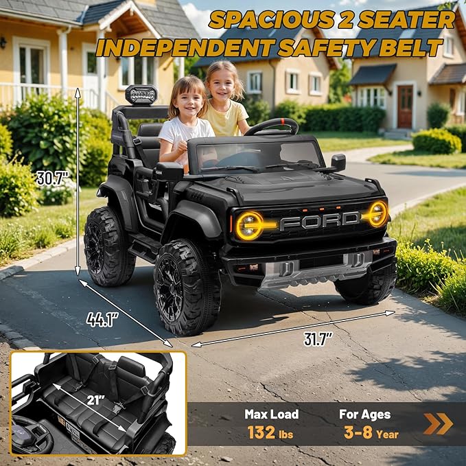 ENYOPRO 24V Licensed Ford Bronco Raptor Electric Car for Kids, 2 Seater Battery Operated Ride On Truck Toys with Remote Control, 4-Wheel Suspension, Bluetooth, Radio, LED Lights, 3 Speed - Black