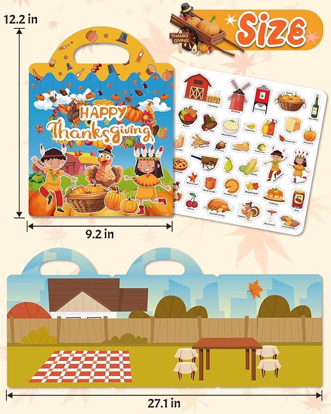 Benresive Reusable Sticker Book for Toddlers 2-4 Years, Fun Travel Stickers for Kids, Waterproof Sticker Books for Toddlers 1-3, Crafts Activities for Todddlers 1-3 2-4 3-5 - Thanksgiving