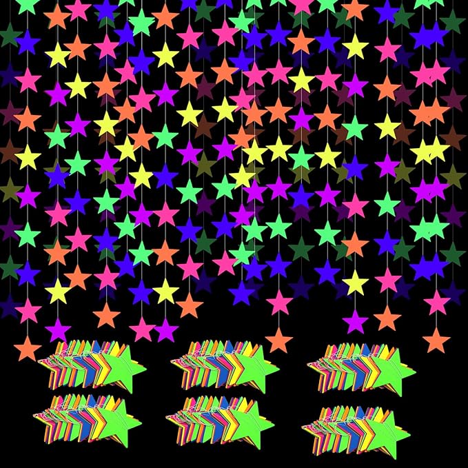 108feet UV Neon Paper Star Garland Glow in The Dark Streamers for neon Party Supplies UV Fluorescent Reactive Paper Star Banner for Wedding Birthday Glow in The Dark Party Favors Neon Party Decor…