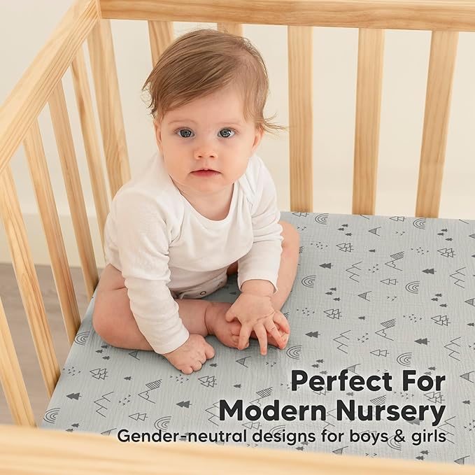 KeaBabies 2-Pack Muslin Crib Sheets for Boys, Girls - 100% Organic Cotton Fitted Baby Crib Mattress Sheet, Soft Breathable Standard Toddler Bed Cover Bedding Set, Neutral, Durable 52x28 (Woodland)
