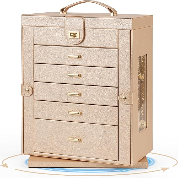 AKOZLIN Jewelry Box 360° Rotating 6-Tier Functional Jewelry Storage Case Organizer for Women Girls Ring Necklace Earring Bracelet Holder with Mirror