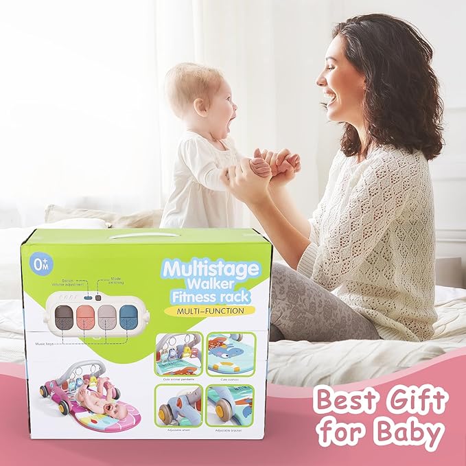 Baby Play Gym Walker Kick and Play Piano Gym for Boys Girls Play Mat Musical Tummy Time Mat Infant Christmas Newborn Gifts Toddlers (Pink)