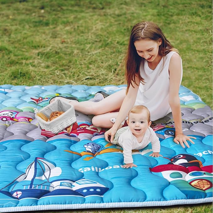 Baby Play Mat, 50x50 Playpen Mat with Super Soft Touch, Activity Mat with Upgraded Anti-Slip Bottom, Machine Washable Crawling Mat for Floor & Picnic (Vehicles)