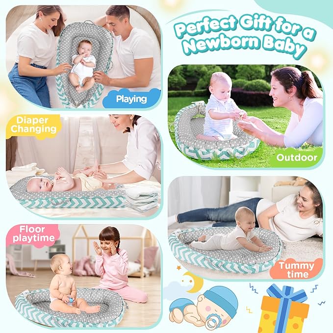 Baby Lounger - Baby Lounger for Newborn 0-24 Months, Breathable and Soft Cotton Cover Baby Nest, Portable Cozy Tummy Time Lounger for Home and Travel, Ideal Baby Essentials & Shower Gifts