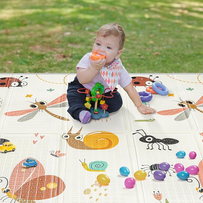 Foldable Baby Play Mat, PIGLOG Waterproof Playmats for Babies and Toddlers Kids, Safe Foam Playmat for Tummy Time, 50x50 Playpen Mat, Reversible Portable Baby Floor Mat for Infant, Toddler, Dragonfly