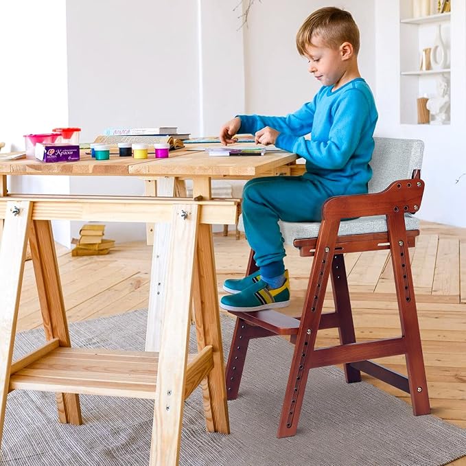 Ezebaby Wooden High Chair for Toddlers to Teens, Adjustable Kids Study & Dining Chair with Steps and Removable Cushion (Nut-Brown)