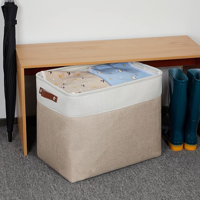 DULLEMELO Extra Large Storage Baskets, Fabric Storage Bins for Organizing Shelves Nursery Toys Books, Closet Baskets and Bins with Handles, White&Khaki, 2-Pack