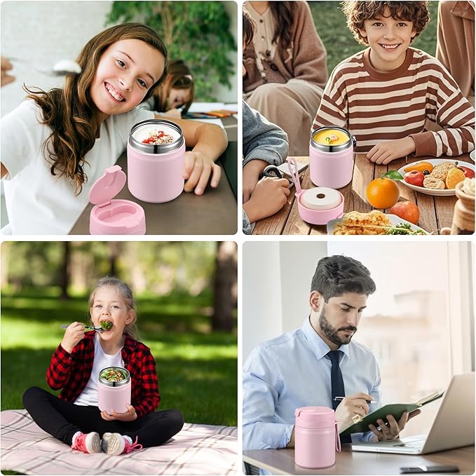 17oz Soup Thermo for Hot Food Kids,Insulated Food Jar with Spoon,Thermo Hot Food Lunch Container,Wide Mouth Leakproof Stainless Steel Lunch Box for School-Pink