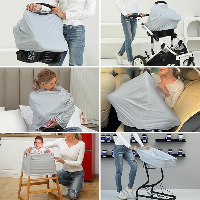 Breathable Car Seat Cover for Babies – Multi-Purpose Soft Rayon Nursing Cover for Breastfeeding, High Stretchy Infant Carseat Canopy, Stroller Cover (Smooth Rayon, Light Grey)