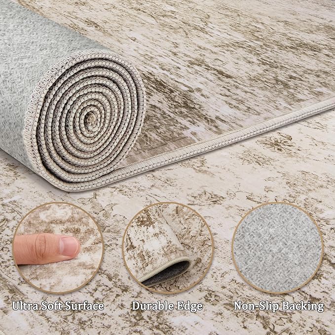 5x7 Area Rug Living Room Rugs - Washable Rug Large Modern Abstract Soft Thin Carpets Indoor Floor No Slip Vintage Carpet for Bedroom Under Dining Table Nursery Home Office Decor Beige