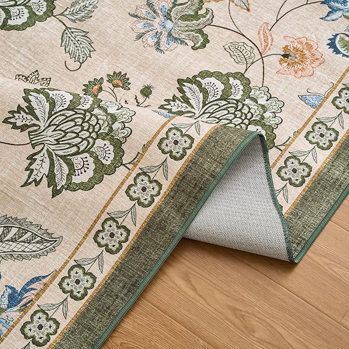 jinchan Floral Corner Rug for Kitchen Washable Nursery Rug Vintage Romance Design Non Slip Quarter Circle Lightweight Low-Pile Throw Carpet for Playroom Reading Nook Office, 5ft Radius, Green/Beige