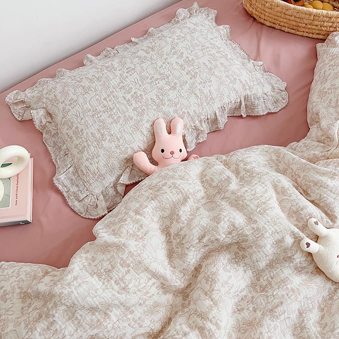 BuLuTu Muslin Cotton Pillowcase King Pillow Cover for Kids Adults Cute Rabbits Flower Pattern Pillowcases with Envelope Closure, 20x36 inch, 1 Piece, Forest, Machine Washable