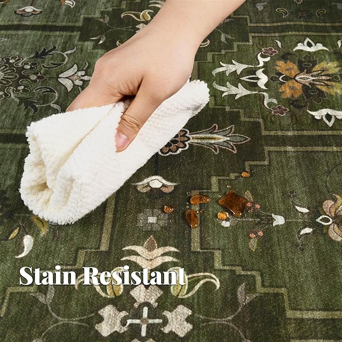 8x10 Washable Area Rug for Living Room, Non Slip Vintage Floral Print Rugs No Shedding, Distressed Thin Retro Accent Carpet for Bedroom Nursery Farmhouse Dining Room Dark Green