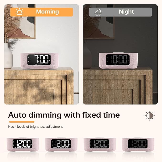 JALL Fabric Alarm Clock for Bedroom, with Big Led Screen Display, Bluetooth Stereo Sound Speaker, FM Radio, Fast Wireless Charging, USB Charging Port, Nightlight, White Noise, Ideal for Gift, Pink