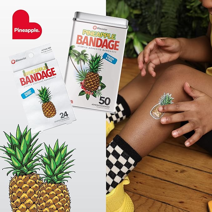 BioSwiss Bandages, Pineapple Shaped Self Adhesive Bandage, Latex Free Sterile Wound Care, Fun First Aid Kit Supplies for Kids, 24 Count