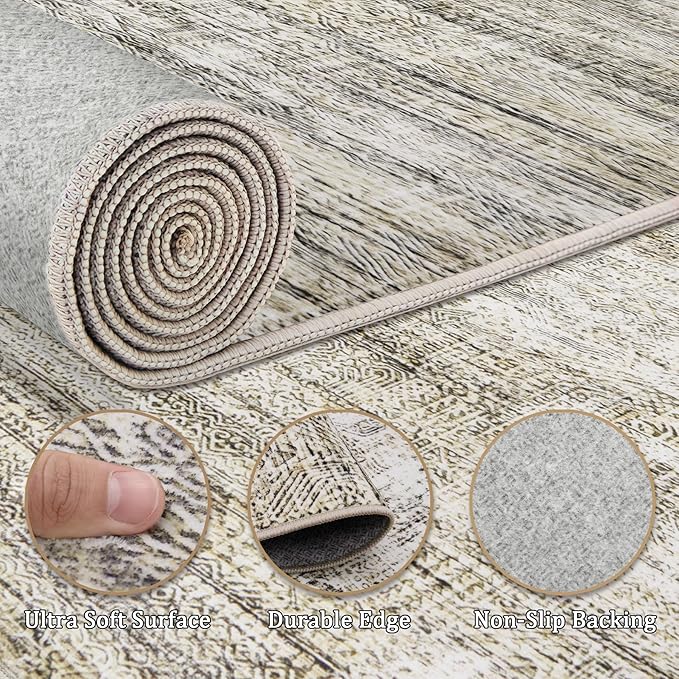 9x12 Area Rug Living Room Rugs - Washable Rug Large Modern Abstract Soft Thin Carpets Indoor Floor No Slip Vintage Carpet for Bedroom Under Dining Table Nursery Home Office Decor Nature