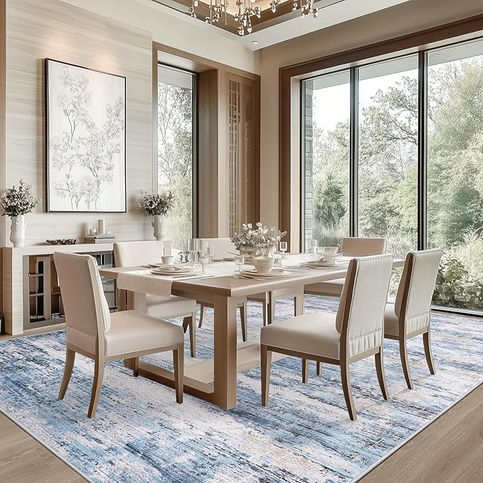 9x12 Area Rug Living Room Rugs - Washable Rug Large Modern Abstract Soft Thin Carpets Indoor Floor No Slip Vintage Carpet for Bedroom Under Dining Table Nursery Home Office Decor Blue