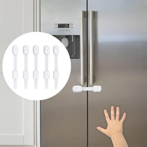 5-Pack Child Proof Cabinet Latches for Drawers, Cupboards, Fridge Toilet Seat, Dishwashers, Trash Can, Up to 37lb Pull Force - Adjustable Length, 3M Adhesive, No Drilling Child Safety Locks, White