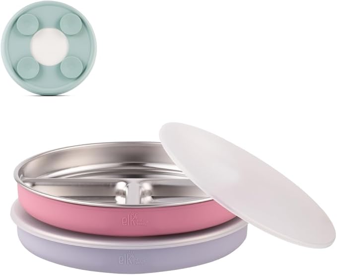 Elk and Friends Stainless Steel Divided Plates with Silicone Sleeve for Babies & Toddlers | Lids Included | Stay Put Suction | Dinner & Snack Plates | 2 Pack