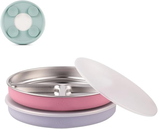 Elk and Friends Stainless Steel Divided Plates with Silicone Sleeve for Babies & Toddlers | Lids Included | Stay Put Suction | Dinner & Snack Plates | 2 Pack