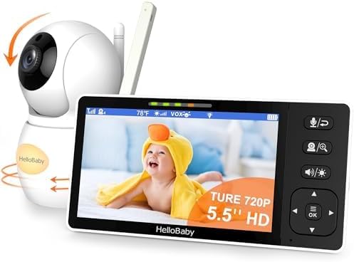 HelloBaby 720P 5.5'' HD Baby Monitor with Camera and Audio No WiFi, Video Baby Monitor, Remote Pan Tilt Zoom Wide View Range, 1080P Infant Camera, Night Light, Hack Proof, 4000mAh Battery, 1000ft
