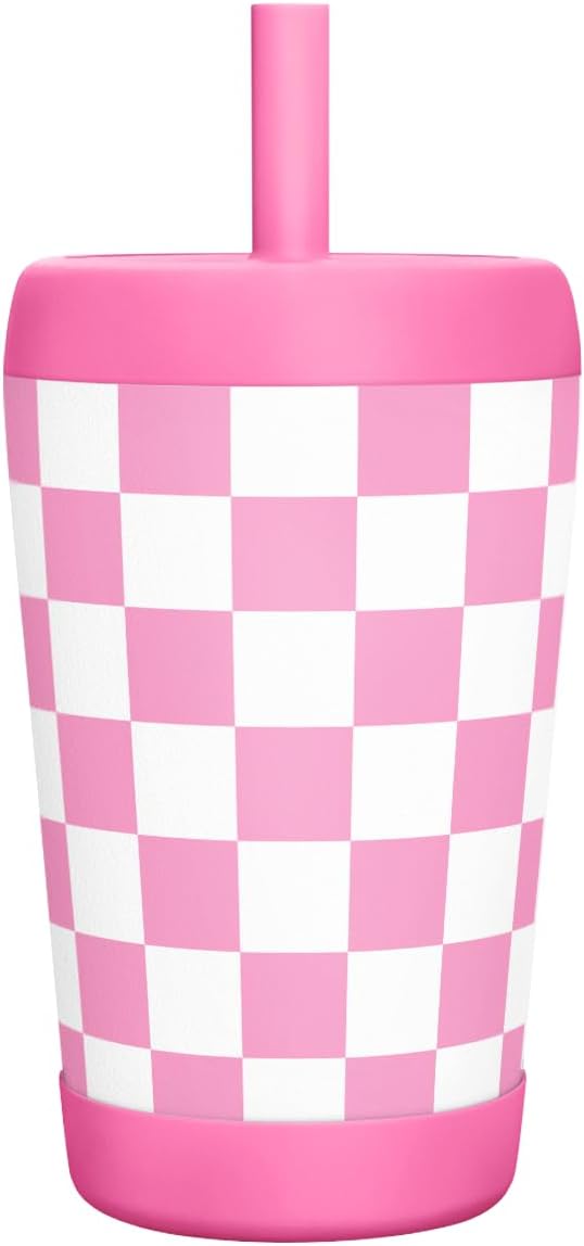 Kid Insulated Stainless Steel Tumbler with Silicone Straw, 12oz Sippy Cup for Kids (Pink Checkerboard)