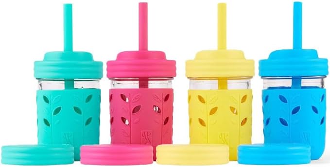 Elk and Friends Kids & Toddler Cups | The Original Glass Mason jars 8 oz with Silicone Sleeves & Silicone Straws with Stoppers | Smoothie Cups | Spill Proof Sippy Cups for Toddlers | 4 Pack