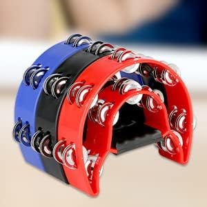 EASTROCK 3 Pack Double Row Tambourine Metal Jingles Hand Held Percussion Half Moon Tambourine for Kids, Adults, KTV, Party (Black, Blue, Red)