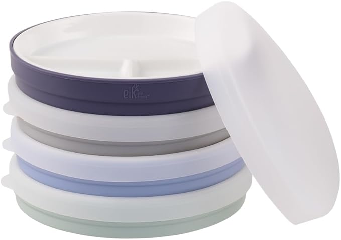 Elk and Friends Kids 6.7” Porcelain Divided Plates with Silicone Sleeves + Silicone Lids | Suitable for Babies/Kids/Toddlers | Microwave & Dishwasher Safe | Non Slip | Snack Dishes
