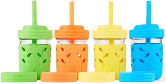 Elk and Friends Kids & Toddler Cups | The Original Glass Mason jars 8 oz with Silicone Sleeves & Silicone Straws with Stoppers | Smoothie Cups | Spill Proof Sippy Cups for Toddlers | 4 Pack