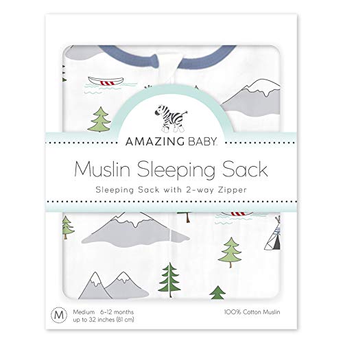 Amazing Baby Cotton Muslin Sleeping Sack, For Baby Boy or Girl, Wearable Blanket with 2-way Zipper, Outdoor Adventure, Denim, Small (0-6 Month)