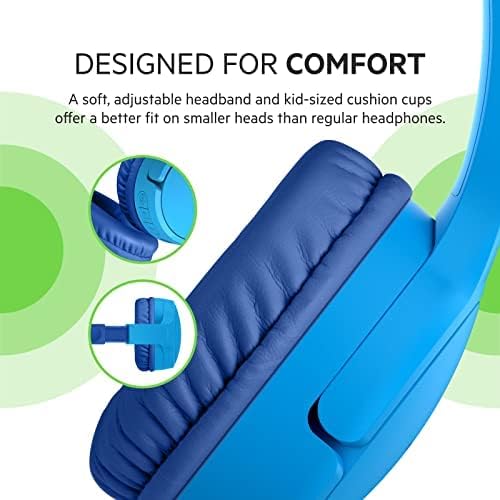 Belkin SoundForm Mini - Wireless Bluetooth Headphones for Kids with 30H Battery Life, 85dB Safe Volume Limit, Built-in Microphone - Kids On-Ear Earphones for iPhone, iPad, Fire Tablet & More - Blue