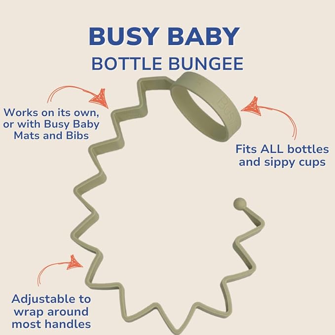 Busy Baby Bottle Bungee - Sippy Cup Strap - Keeps Bottles and Sippy Cups Off The Floor - Food Grade Silicone - Dishwasher Safe (Tan)