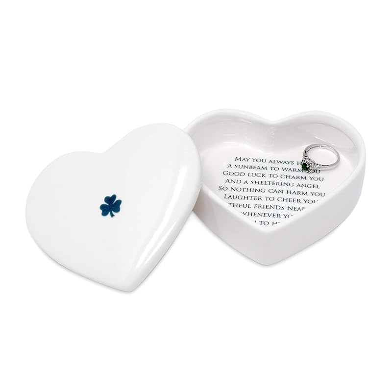 Baptism Gift, First Communion Gift, or Confirmation Gift, Handmade Heart Ceramic Keepsake Box with Irish Blessing and Shamrock in Green