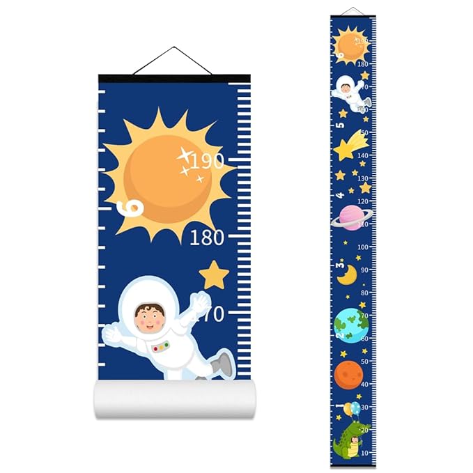 Baby Height Growth Chart - Canvas Height Chart for Kids Baby Child Toddler Boys Girls Growth Chart for Wall Room Nursery Decor Hangable and Removable Measuring Wall Ruler (Space, Black Wood)
