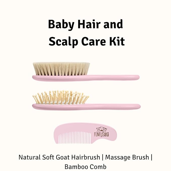 Baby Hair Brush Set for Newborns - Baby Brush and Comb Set - Ultra Soft Goat Hair Bristles, Perfect for Cradle Cap, Newborn Showers & Registries Gift, Comb Brush for Girls & Boys (Rosa)