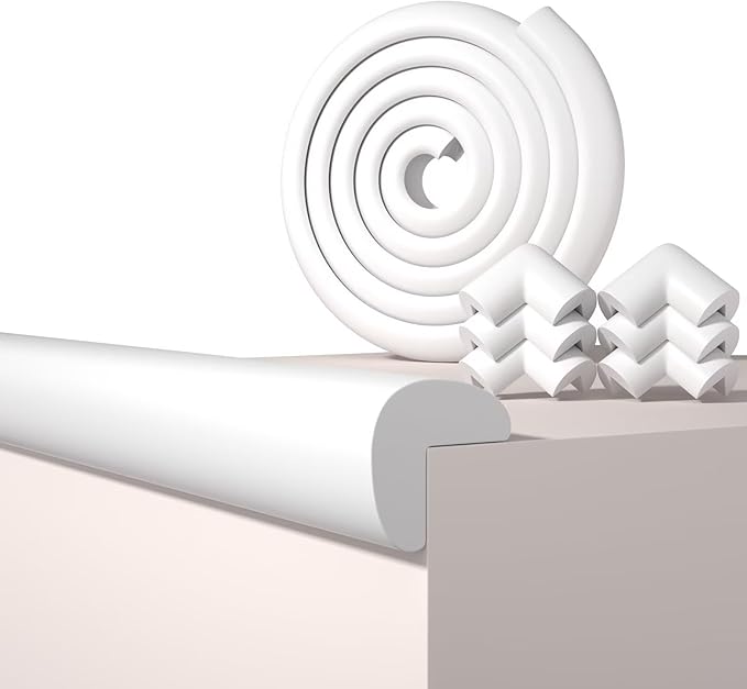 Baby Proof Edge Corner Protector, 6.56FT 0.47''Th L-Shape Furniture Corner & Edge Safety Bumpers with 6 Corners, Pre-Taped, Soft NBR Rubber Foam Desk Edge Cushion Wall Corner Protector（White）