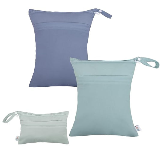 ALVABABY 3 Cloth Diaper Wet Dry Bags Waterproof Reusable with Two Zippered Pockets Travel Beach Pool Daycare Soiled Baby Items Yoga Gym Bag for Swimsuits or Wet Clothes Small medium Large3L-SML04