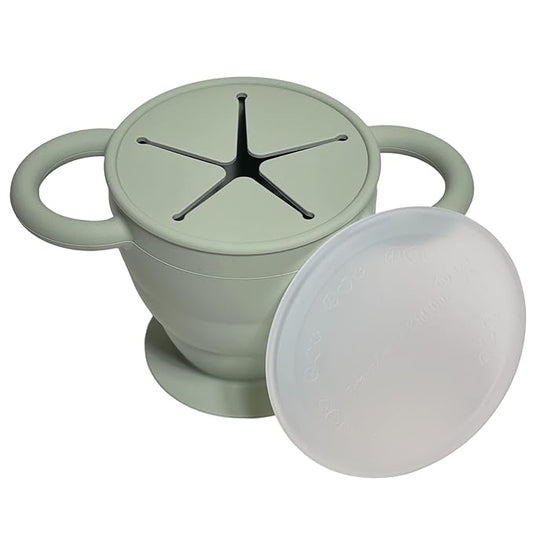 BraveJusticeKidsCo. | Snack Attack II Snack Cup | Collapsible Silicone Snack Container | Toddler and Baby Snack Catcher Lid (Desert Sage)