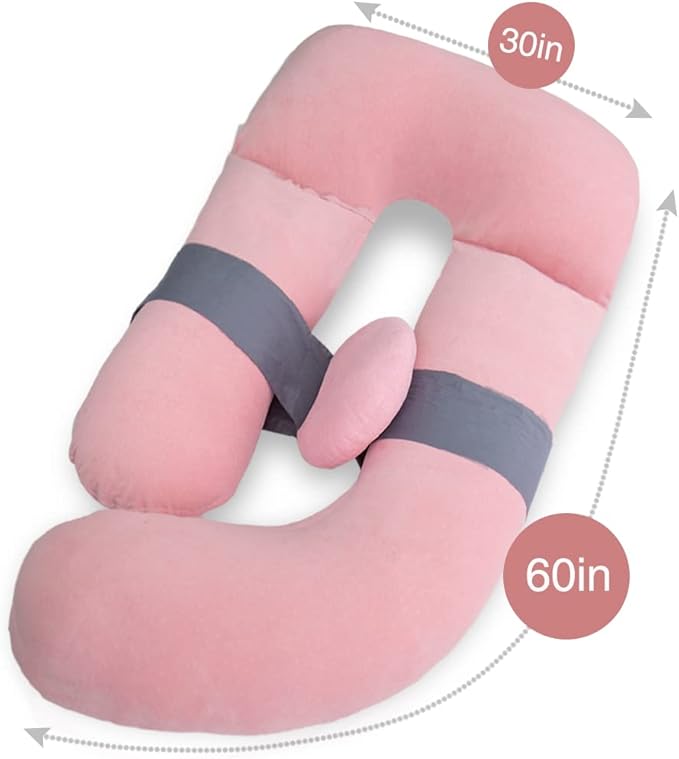 AS AWESLING 60in Full Body Pillow | Nursing, Maternity and Pregnancy Pillow | Extra Large U Shape Pillows with Detachable Side, Separate Support Pillow and Removable Cover Velvet (Light Pink)